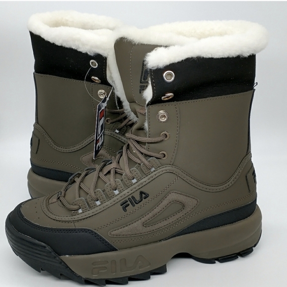NEW Fila Disruptor Shearling Boots Sneakers Women Green Fax Fur Ivory Winter 7.5 - Picture 3 of 7